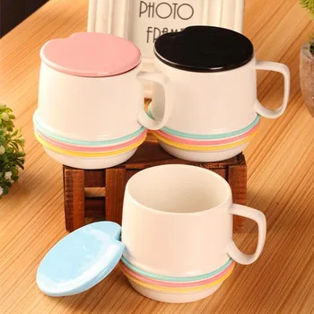

Neon Rainbow Stripes Mugs Coffee Cups With Cover To Send Spoon Ceramic Couple Cups For girlfriend Gifts