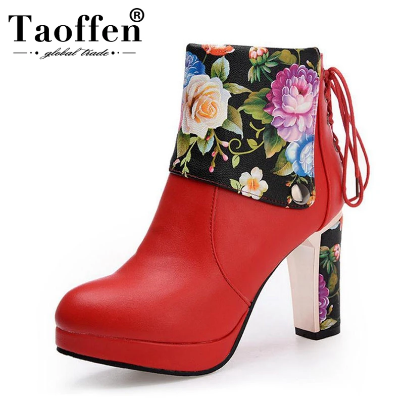 

TAOFFEN Brand Boots Women Sexy High Heel Boots Flower Ankle Boots Bow Platform Shoes Zip Lace Up Ladies Footwear Black Red White