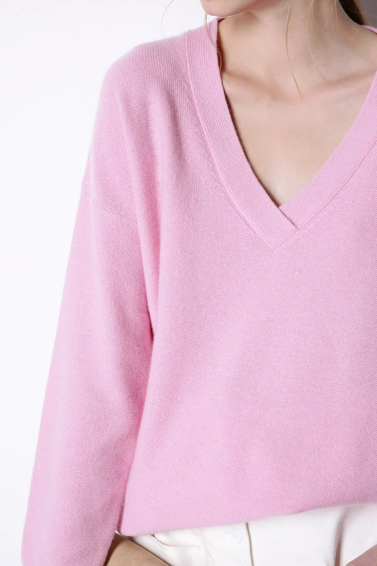 Большой размер, козий кашемир, v-образный вырез, вязаный женский модный однотонный Свободный пуловер, свитер, розовый, 4 цвета, один и более размер