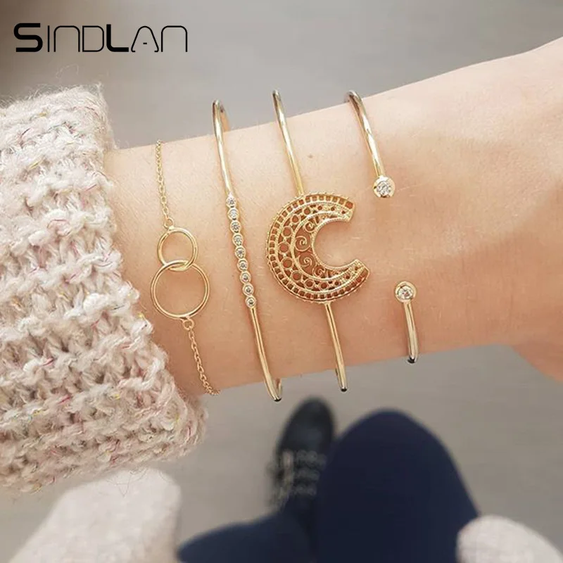 

Sindlan 4PCs Hollow Moon Gold Crystal Bangle Bracelets Set Fashion Open Mouth Geometric Charm Wrist Bracelets for Women Jewelry