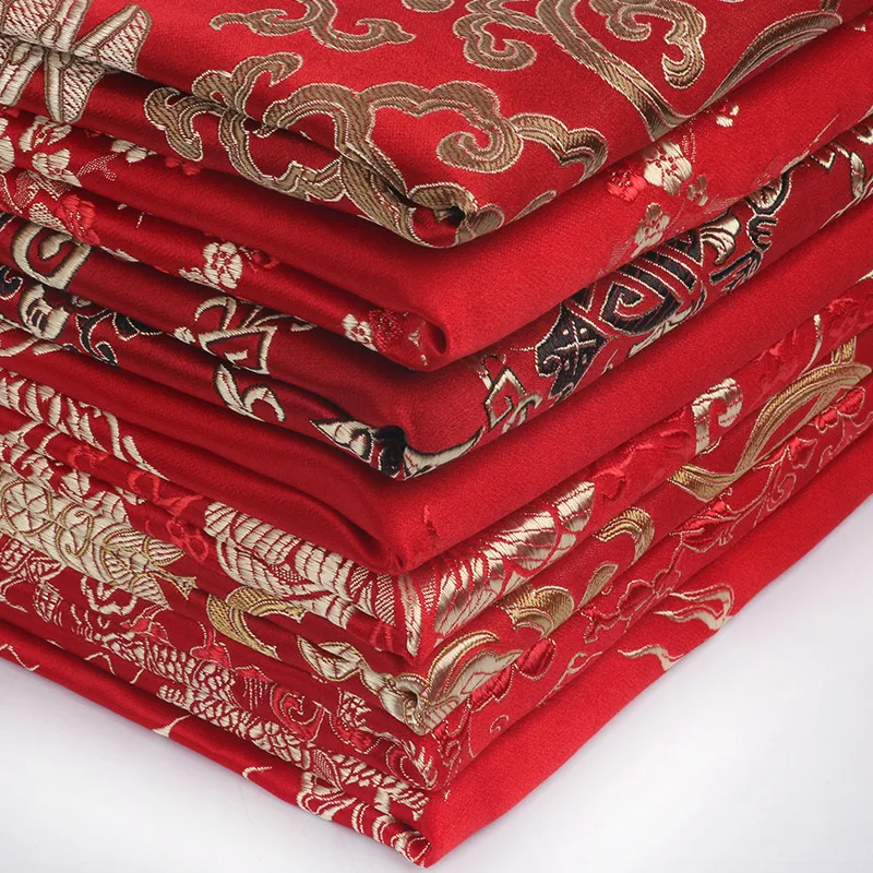 Width 150cm Chinese Red Tang Suit Cheongsam Sheet Cloth Silk Like Damask Jacquard Brocade Metallic Fabric