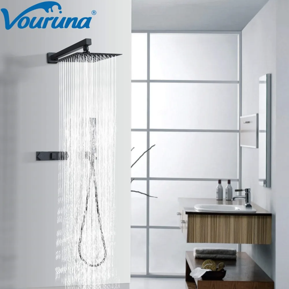 Black Shower System 8 Inch Bathroom Rain Mixer Shower Combo Set Wall Mounted Rainfall Shower Fixture 3