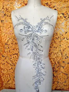 

Pure hand made sew on Rhinestones applique silver crystals patches 58*28cm dress accessory