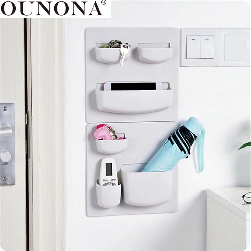 

OUNONA Bathroom Toothbrush Wall Mount Holder Organizer Triple Pocket Bathroom Wall Shelves (Light Grey)
