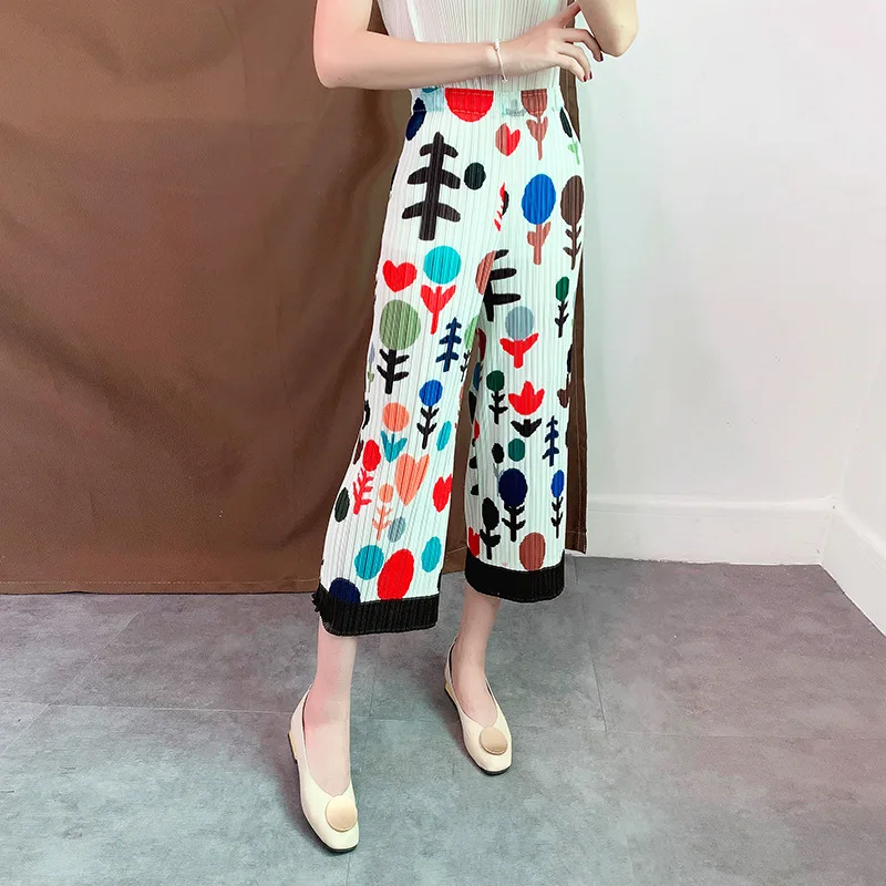 

Plus Size Pants Summer Woman 2019 New Elastic Waist Printed Mid-Calf Length Casual Straight Trousers Loose Stretch Miyake Pleats