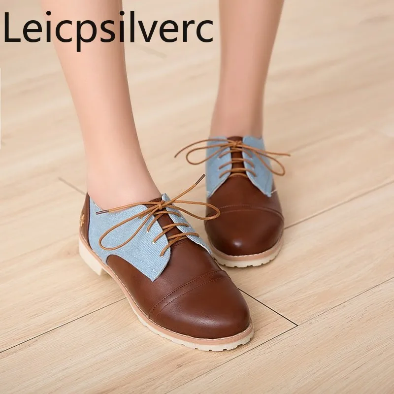 

Pumps Spring and autumn The New Casual Round head Color matching Lace-up Low-heeled Women's shoes plus size 33-43