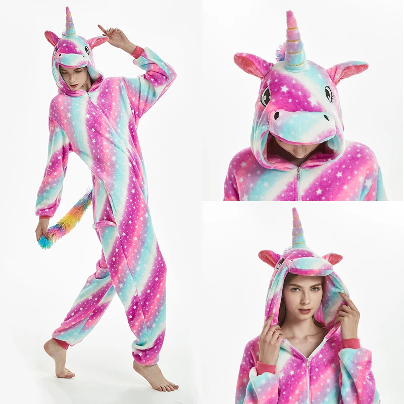 Кигуруми Onesie для женщин пижамы взрослых животных единорог пижамы мальчиков девочек мультфильм пижамы зимние теплые фланелевые пижамы с капюшоном