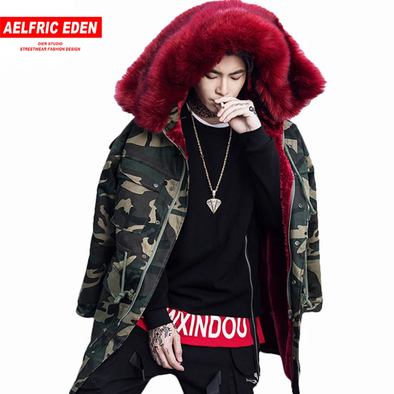 Koop Aelfric Eden Mannen Parka Bontkraag Kap Legergroen Lange Jas Jas Man Hooded Jassen Fleece Winter Camouflage Hip Hop uitloper