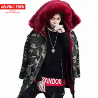 Aelfric Eden Men Parka Fur Collar Hood Green Long Coat Jacket Military Hooded Jackets Fleece Winter Camouflage Hip Hop Outwear