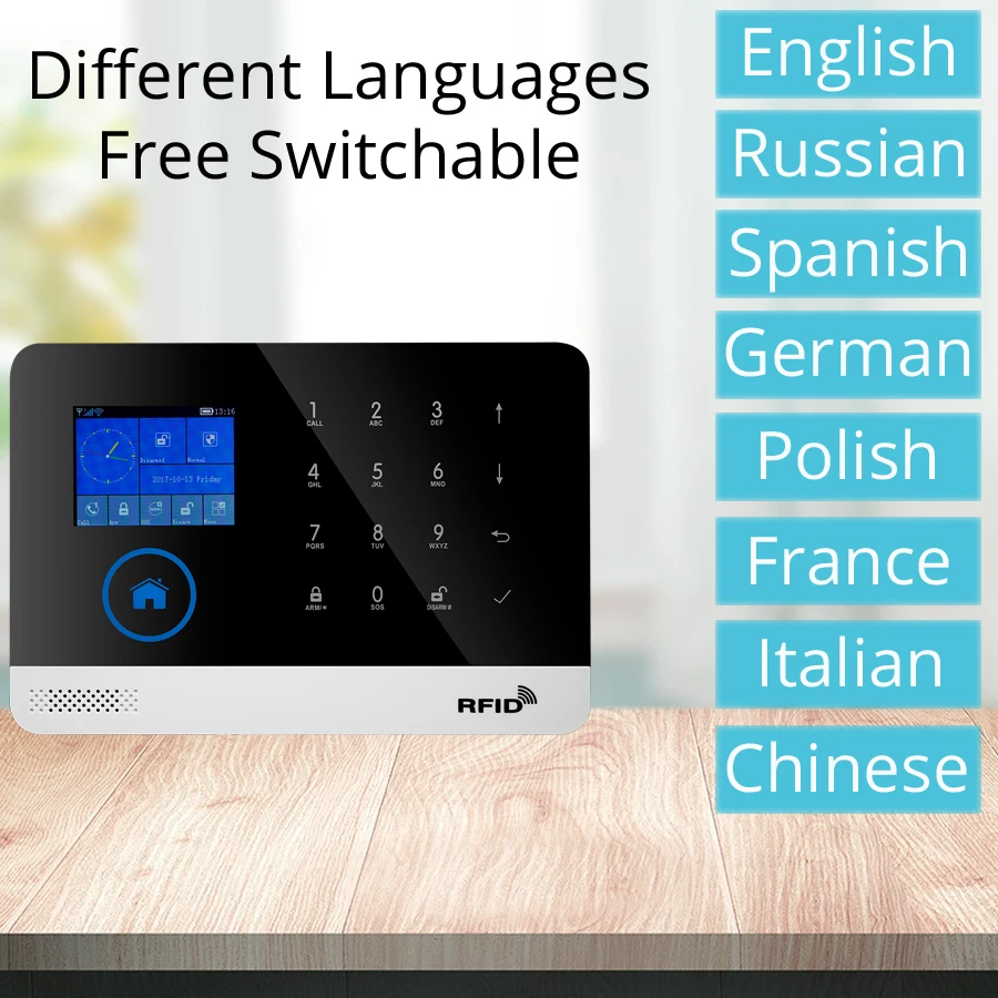 Inalámbrico SIM GSM hogar RFID antirrobo de seguridad LCD táctil teclado WIFI GSM sistema de alarma kit de Sensor inglés, ruso, español voz