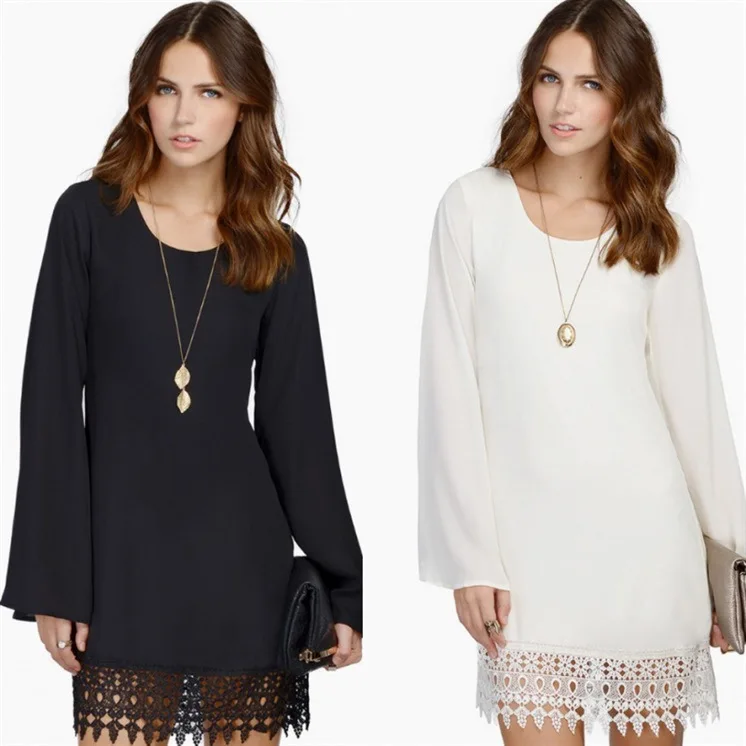 2018 spring and autumn ladies dress solid color lace loose Large code long sleeve Size: S M L XL XXL | Женская одежда