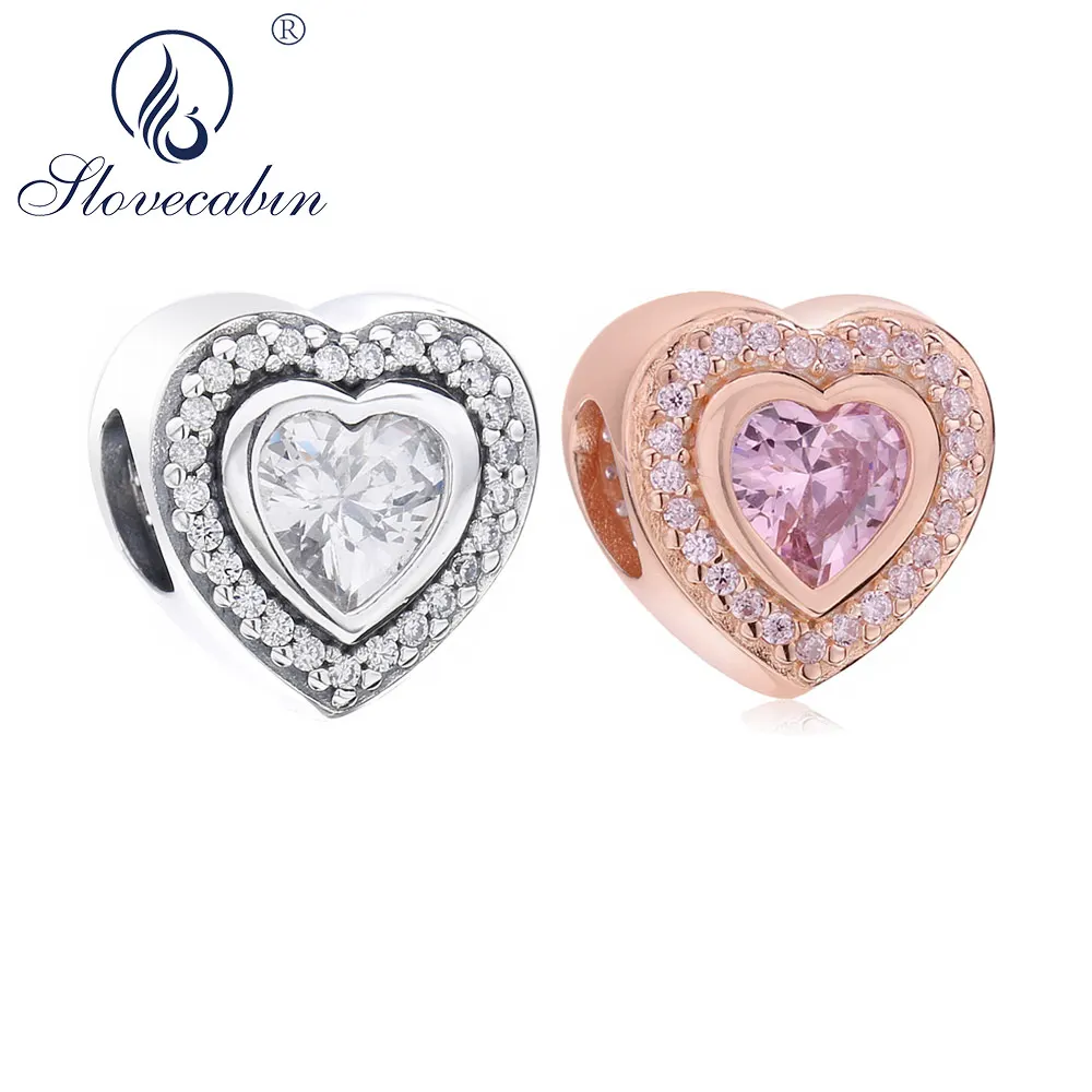 

Slovecabin 925 Sterling Silver 2018 Autumn 100% Real Heart Zircon CZ Clear Pave Beads Charms Jewelry Making 2018 Brand Bracelet