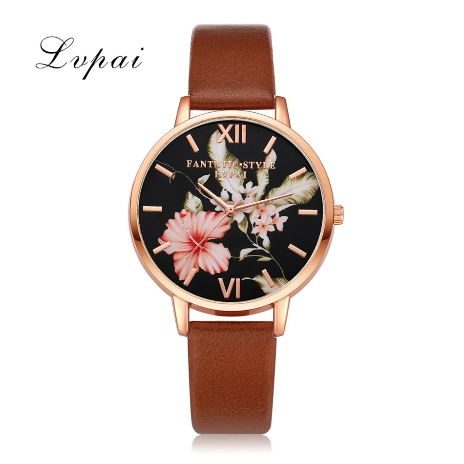 Lvpai Brand Women Bracelet Watch Fashion Rose Gold Flowers Leather Simple Women Dress Watches Luxury Business Clock Watch