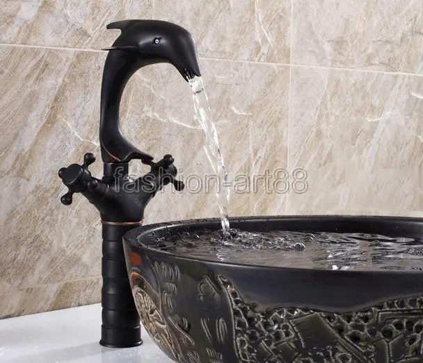 Black Oil Rubbed Brass Swivel Spout 2 Cross Handles Dolphin Style Kitchen Vessel Sink Faucet Mixer Tap anf315