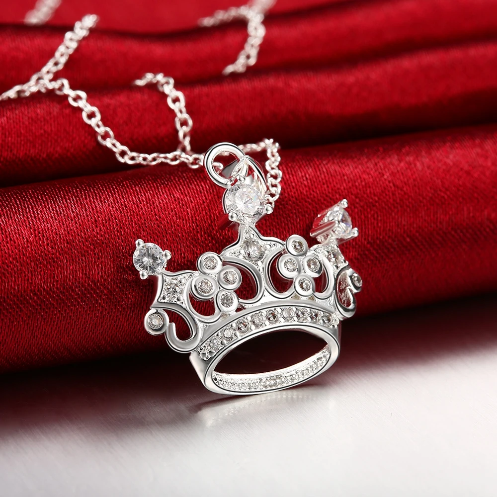 

Pure Silver 925 Necklaces for Women Crown Pendant Necklace with Cubic Zirconia 18inch Chains Wedding Collier Choker Bijoux