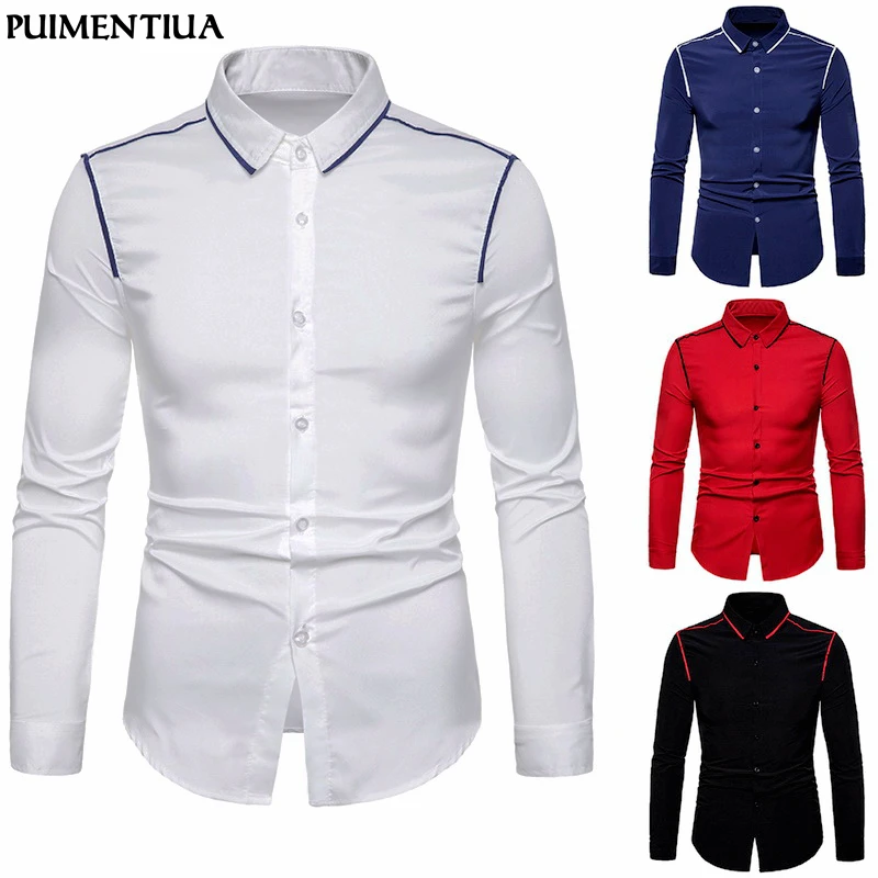 

Puimentiua 2019 Spring Men Turn Down Collar Long Sleeve Shirt Button Down Slim Fit Cotton Shirts Male Stripe Print Party Tops