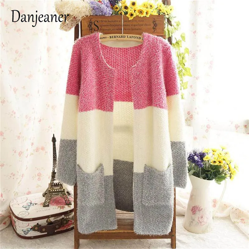 Danjeaner Autumn Winter Mohair Long Cardigans Women Round Neck Long Sleeve Casual Knitting Sweaters Fashion Knitwear Jumper Pull