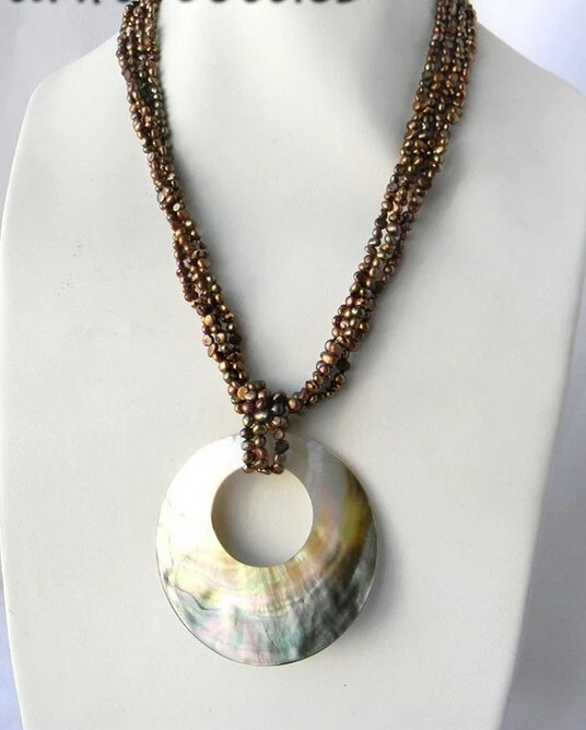 

shipping>>>>4Strands 21'' Coffee Baroque Freshwater Pearl Crystal Shell Pendant Necklace