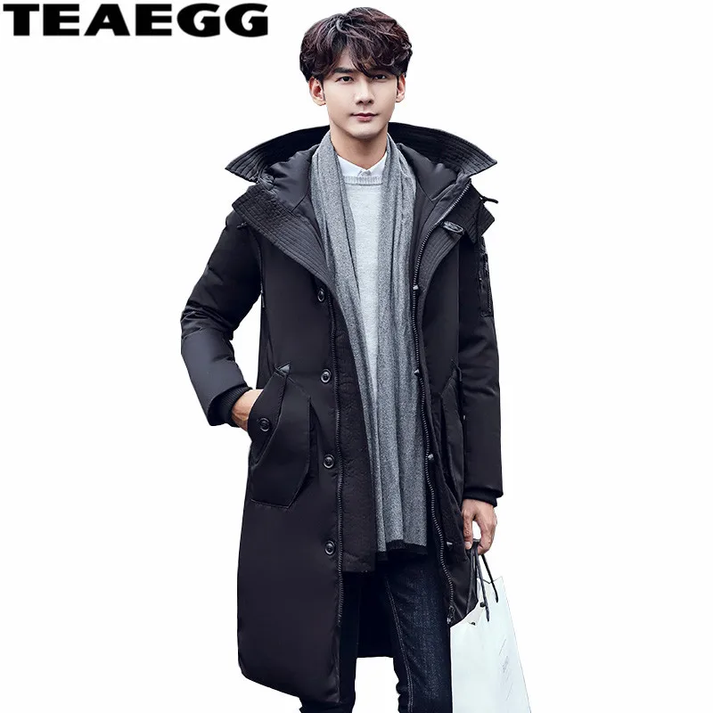 Teaegg Толстая зимняя куртка-пуховик мужские черные теплые Повседневное Одежда высшего качества длинные мужской Гуд 90% Белое пуховое пальто