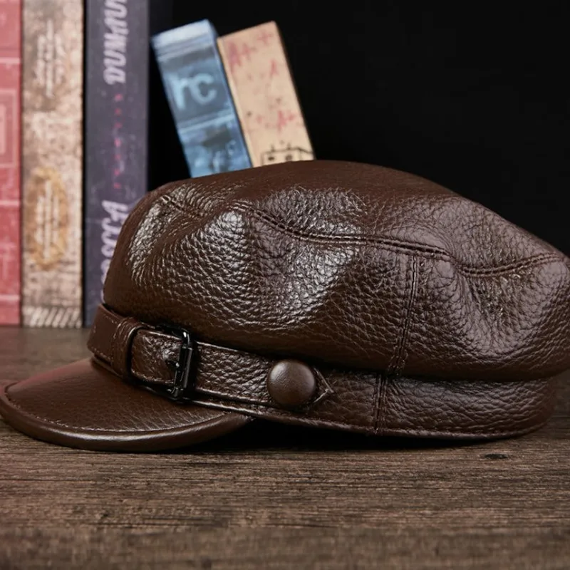  XdanqinX Elegant Genuine Leather Hat Autumn Winter Warm Cowhide Leather Military Hats For Men Women