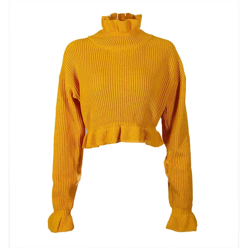 Ubei Hot style autumn clothing knitted ruffles base ruffles turtleneck sweater women short pullover crop top fashion  