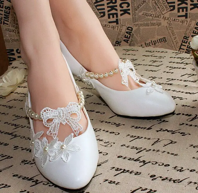 

Women's wedding shoes white color middle low high heels custom handmade bridal shoes string bead butterfly-knot brides shoes