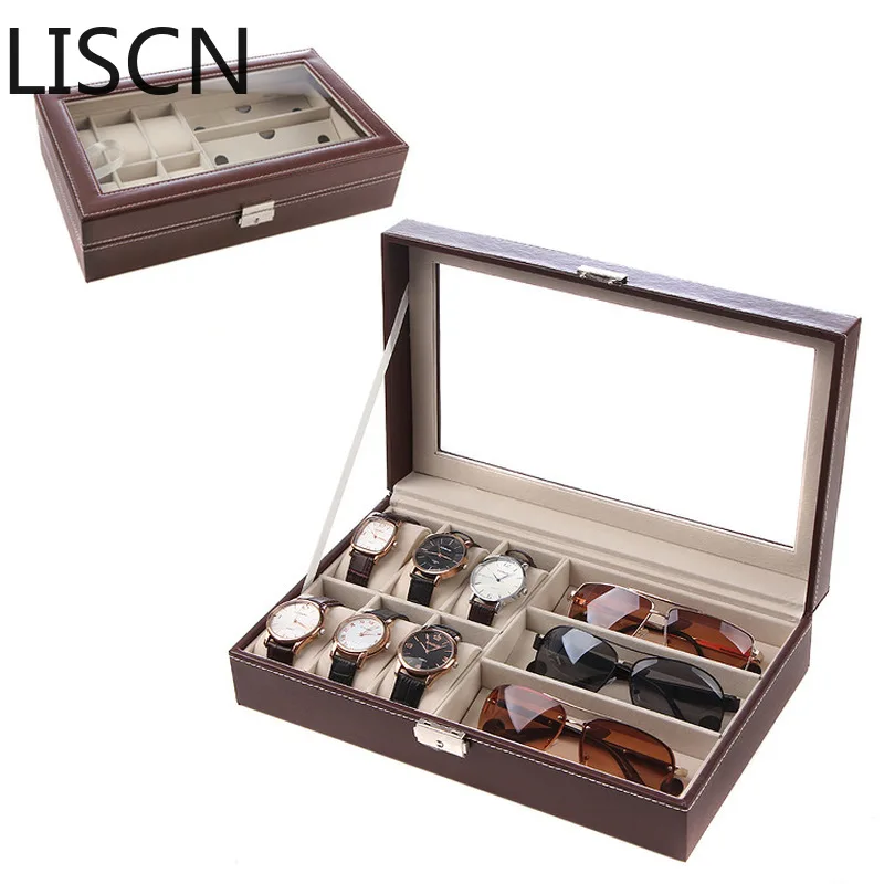

LISCN 8 Grids+3 Mixed Grids PU Leather Watch Boxes Storage Organizer Box Luxury Jewelry Ring Display Watch Case Black