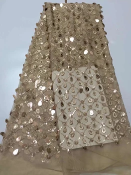 

High Quality African Lace Fabrics Gold Color Nice French Embroidery Sequins Tulle Lace Fabric For Nigerian Party Dress CD3202