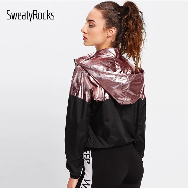 SweatyRocks عارضة البريدي جبهتين لهجة مقنعين سترة اللون كتلة خليط الرياضية 2018 موضة الرسوم الزاهية الخريف النساء أعلى