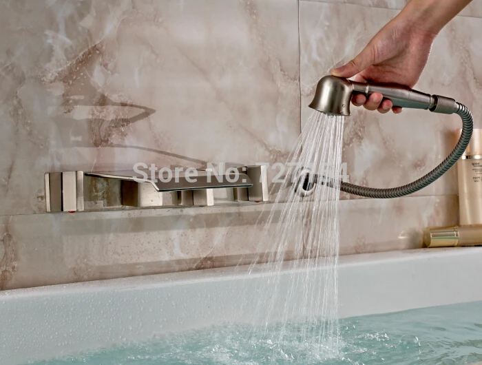 

Free Shipping! Nickel Brushed Bathroom 5 PCS Tub Faucet Wall Mounted Hand Shower Mixer 3 Handle