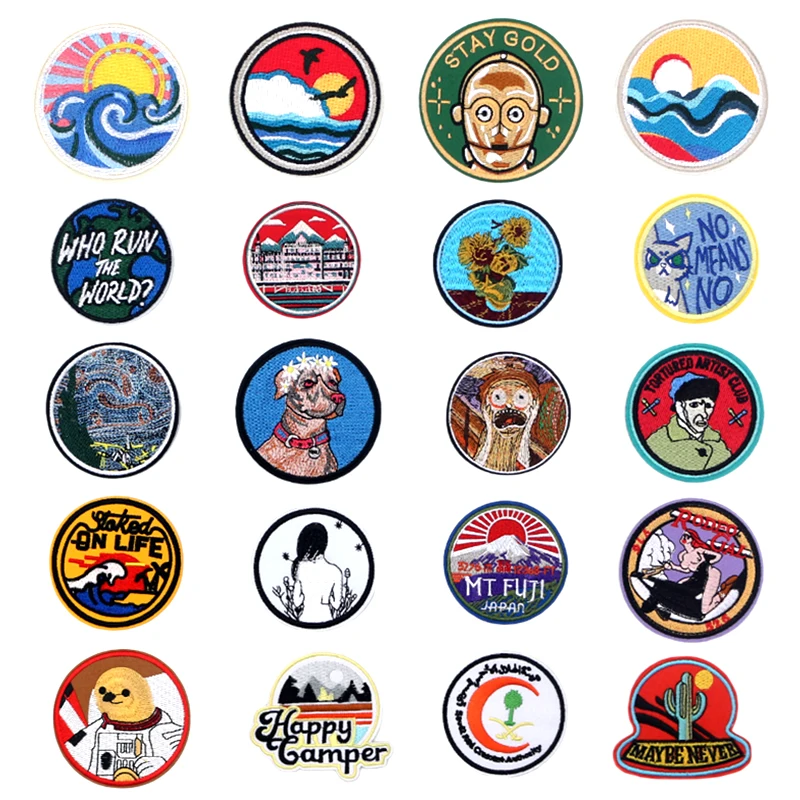 

Landscape Oil Painting Embroidered Patches For Clothing Cap Badges DIY Stripes Applique Clothes Iron On Stickers Personalised