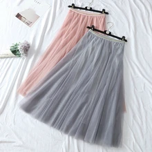 PEONFLY розовая плиссированная юбка-пачка Женская юбка из тюля Элегантная новинка Лето Корейская Высокая талия длинная юбка миди женские школьные юбки-солнце