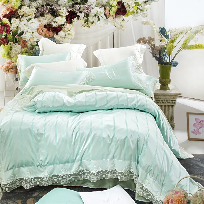 Light green tencel duvet cover set for adults,lace duvet