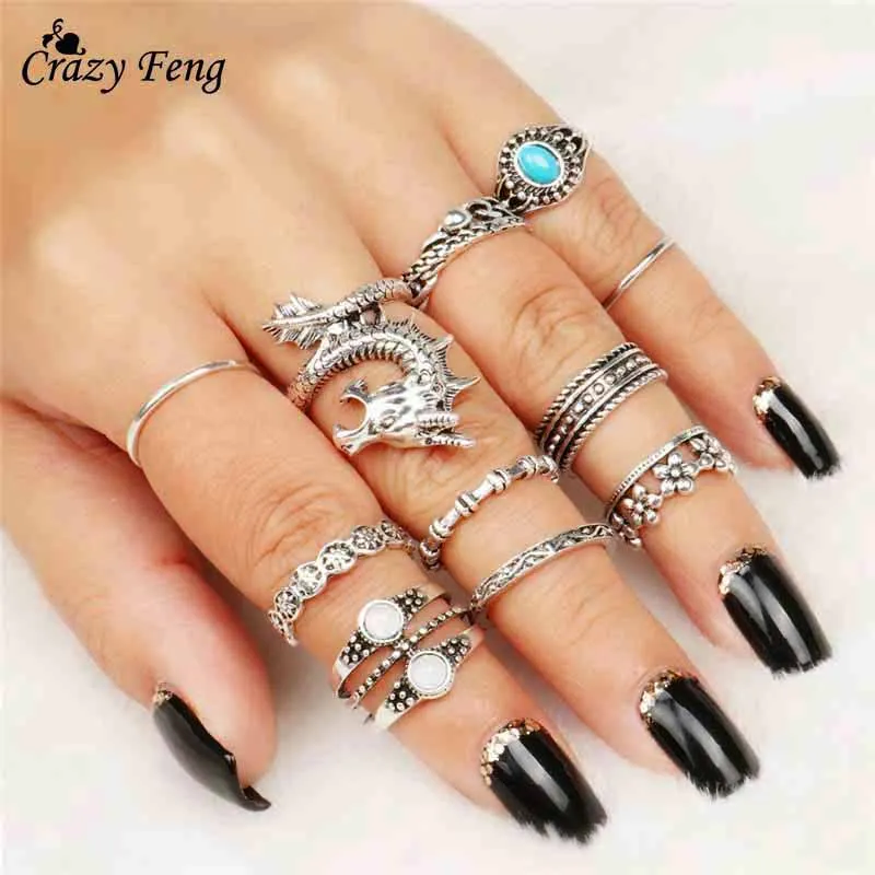 

2018 Brand Boho 12PCS Women Steampunk Dragon Ring Set Antique Silver Color Green Resin Stone Statement Jewelry Anel Accessories