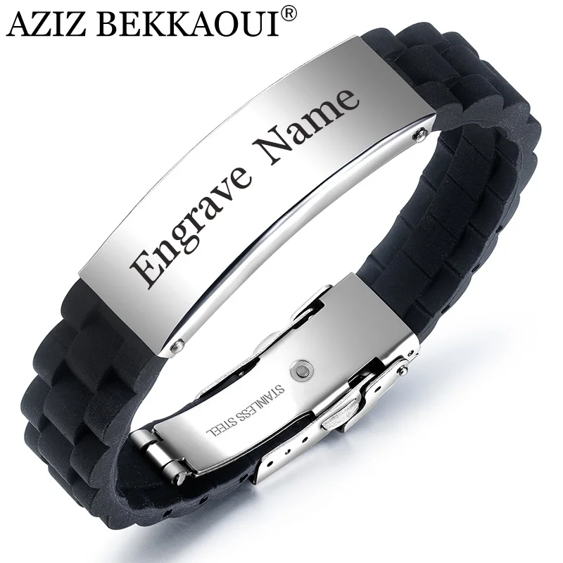 AZIZ BEKKAOUI Широкий Панк гравировка имя кожаный браслет для мужчин черные силиконовые браслеты из нержавеющей стали мужские ювелирные изделия Прямая поставка