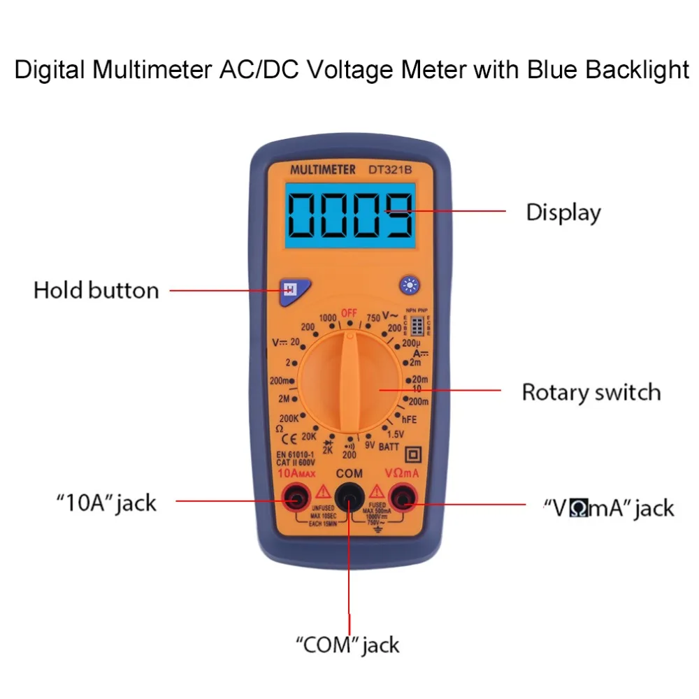 Viecar портативный мультиметр AC/DC измеритель напряжения Синяя подсветка батарея поддержки тестирования DT321B Цифровой мультиметр J35C37