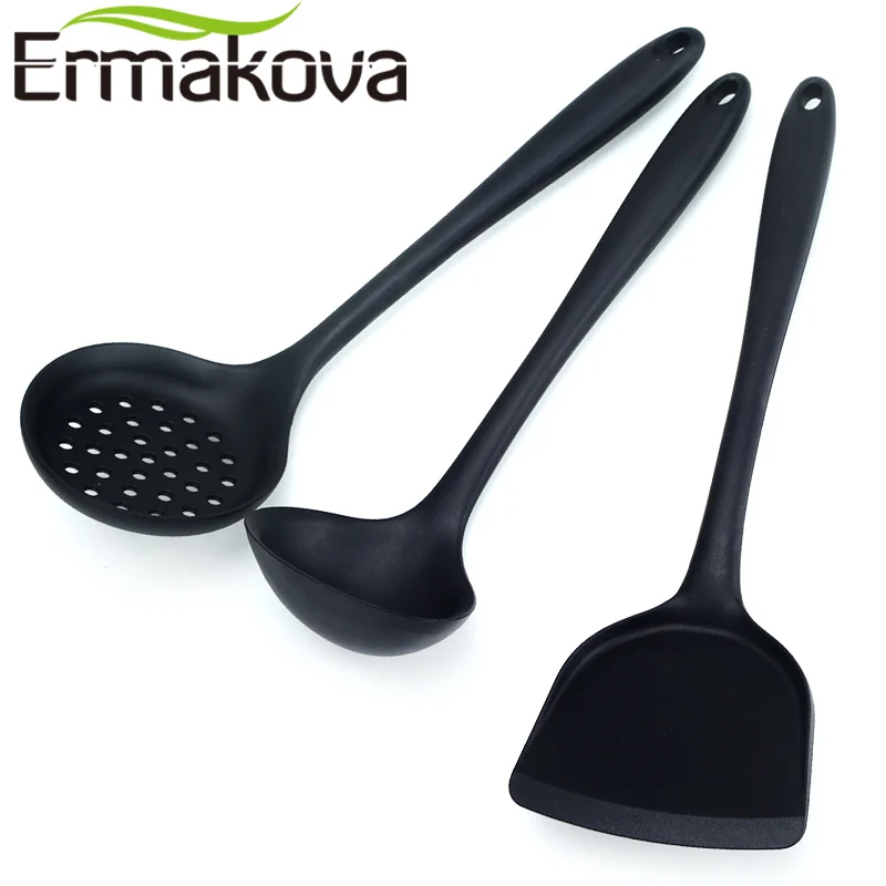 

ERMAKOVA 3 Pcs/Set Non-Stick Silicone Turner Spatula Skimmer Spoon Soup Spoon Heat-Resistant Kitchen Cooking Utensils(Black)