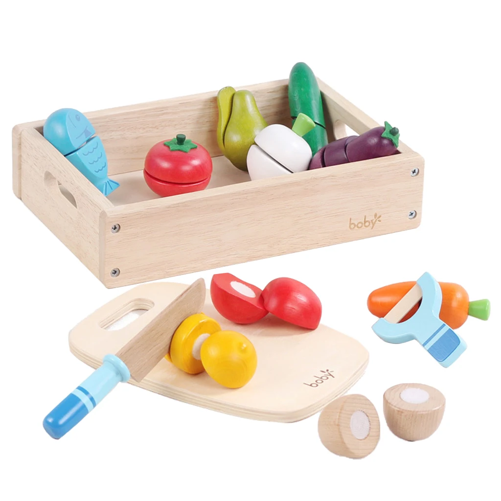 14pcs Wooden Simulation Sticky Fruits Vegetables Play Food Baby Preschool Kitchen Toys Role Pretend Playing Game