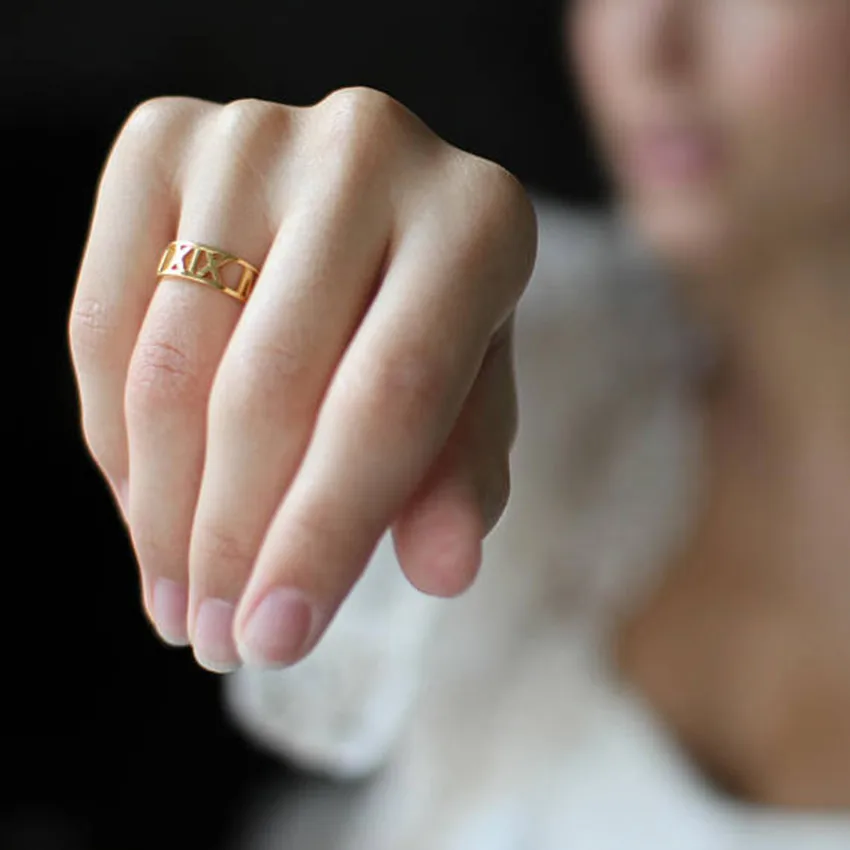 Bridal Jewelry Coordinates Custom Roman Numerals Ring Personalized Name Wedding Date Rings For Women Stackable Engagement Anel