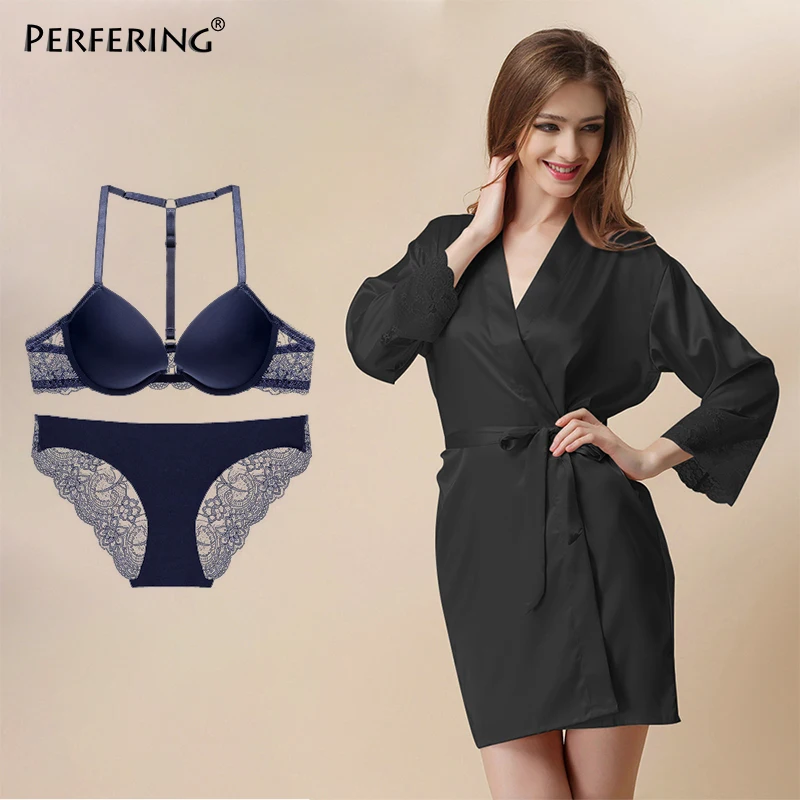 Buy 1 Get 1 Gift Robe Front Closure Bra Set Sexy Y-line Straps Push Up Bra Underwear Women Bra Panties Lingerie T-shape Back