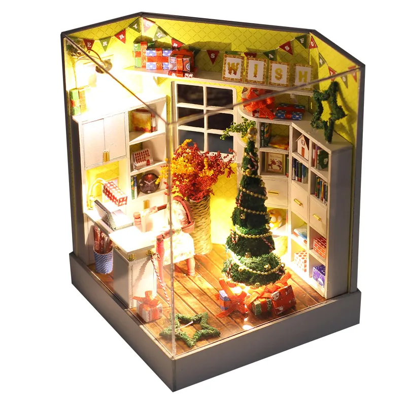 Doll House Merry Christmas Miniature Dollhouse Wooden Furniture Kit House Toys Novelty Kids Friends Handmade New Year Xmas Gift (5)