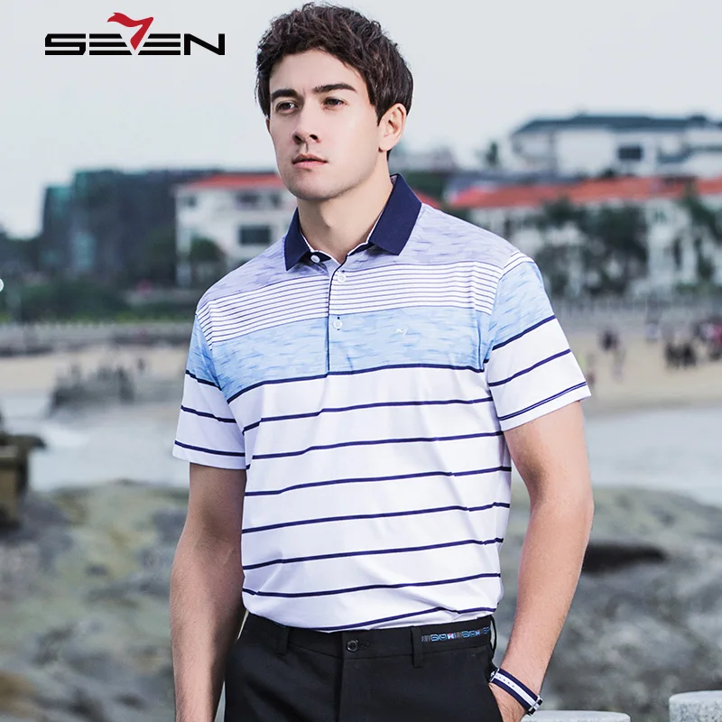 Seven7 Men Polo Shirts Summer Short Sleeve Business Casual Polo Shirts Classic Striped Block Color Basic
