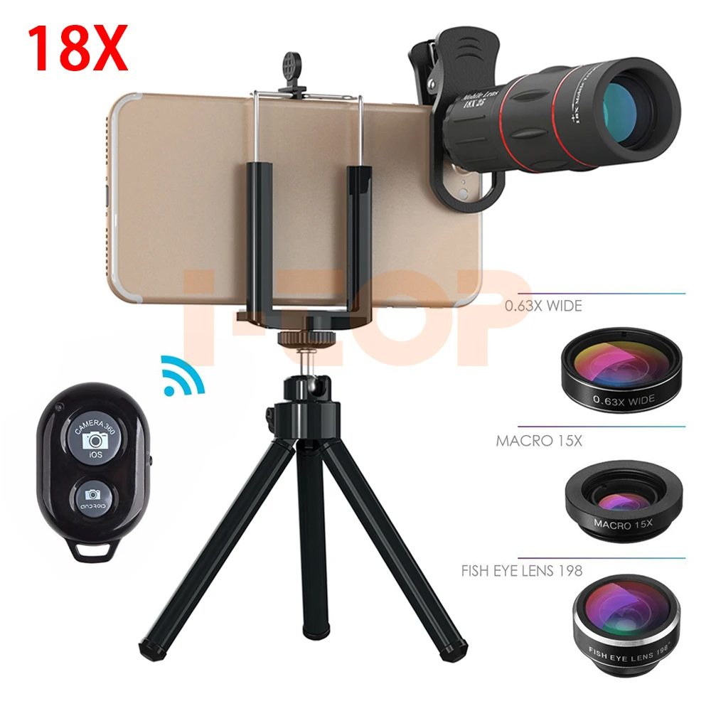 

Universal Mobile lens Kit HD 198 Fish eye 0.63X Wide Angle 15X Macro lentes 18X Telephoto Zoom Lenses For iPhone X 8 Smartphone