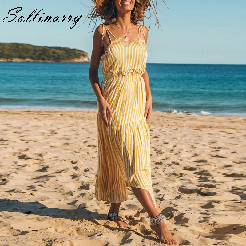 

Sollinarry Yellow Ruffles Stripe Robe Femme Women Dress Spaghetti Strap Sexy Maxi Dress Beach 2019 Summer Long Dresses Vestidos