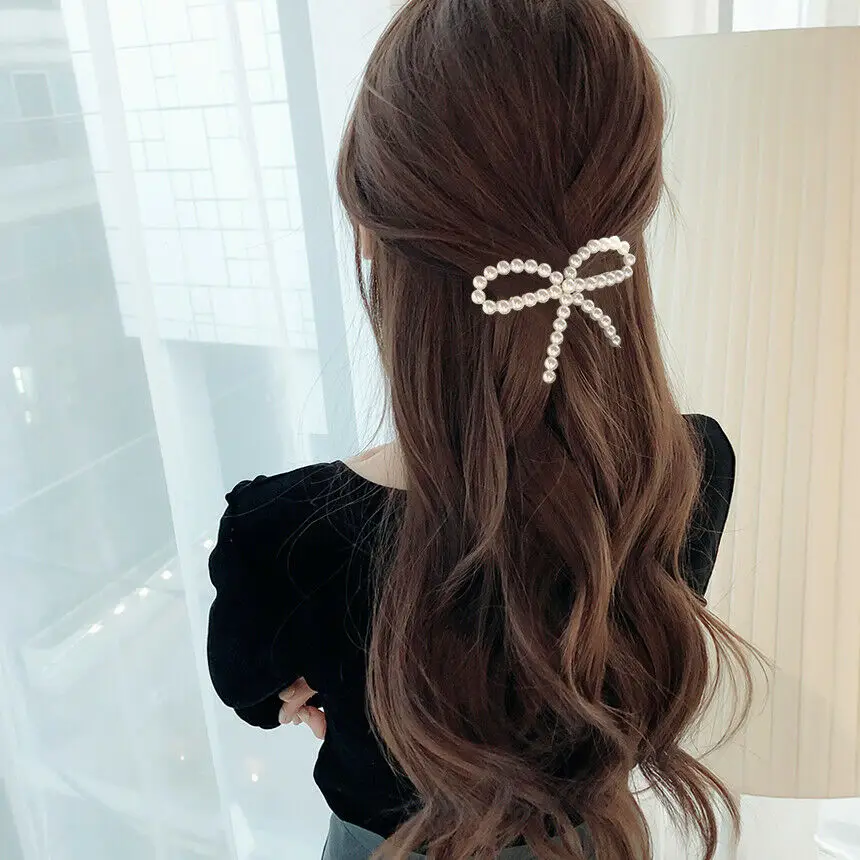 

Brand New Elegant Women Pearl Hair Clip Bowknot Barrette Stick Hairpin Hair Jewelry Styling Accessories