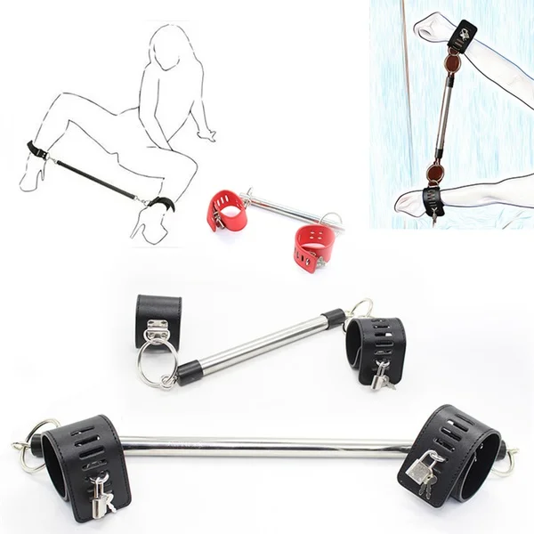 Sex Slave Bondage Restraint Wrist Ankle Handcuffs with Stainless Steel Pole Spreader Bar Adult SM Games Toy