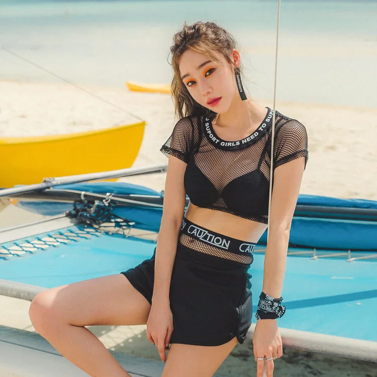 

Female Beach Swimwear Separate Swimsuit Fused Teenage Badpak Women Three Piece Swim Tankini Plus Size Biquinis Black Sexy Mesh