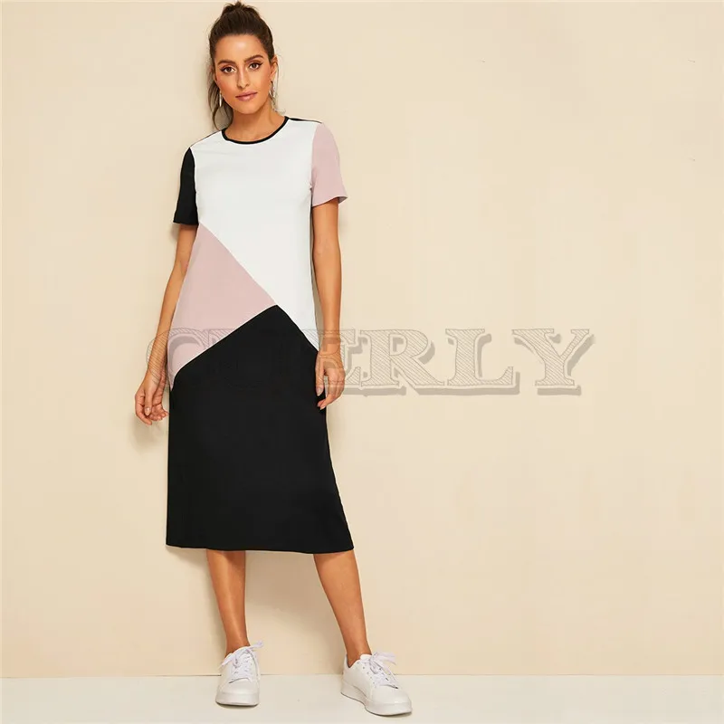 

CUERLY Casual Multicolor Cut-and-Sew Tunic Summer Long Dress Women 2019 O-Neck Short Sleeve Shift Straight Color-block Dresses