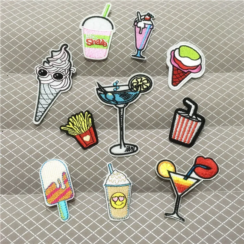 

New Fashion Food Drinks Ice Cream Patch Many Choices Cartoon Embroidered Iron On Patches for Clothes Felt Stickers DIY Accessory