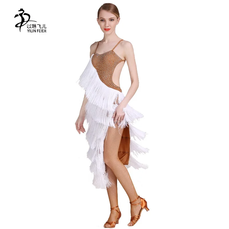 

Woman Girls Rumba Cha-cha Skirt Latin Costume Performance Danc Dress Ballroom Fringe Dance Dresses